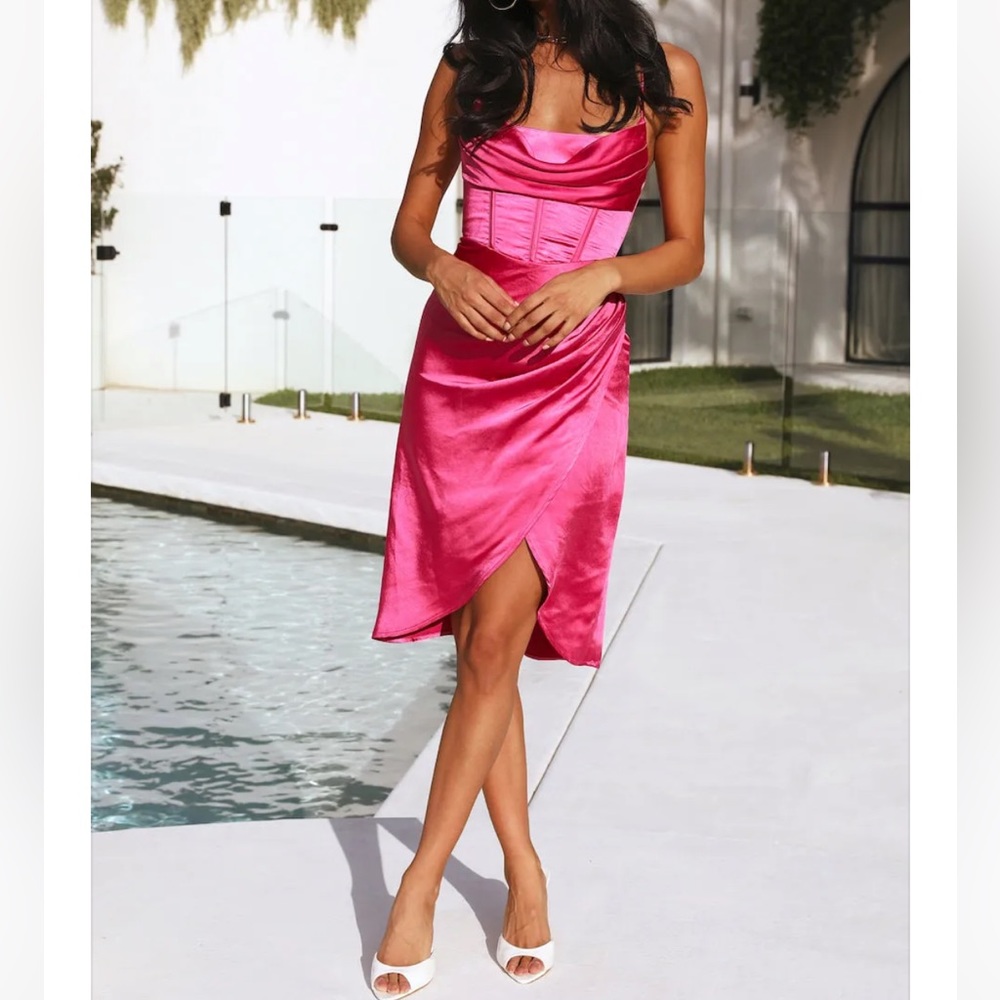 NWT HelloMolly My Fierce Heart Satin Midi Dress in hot pink